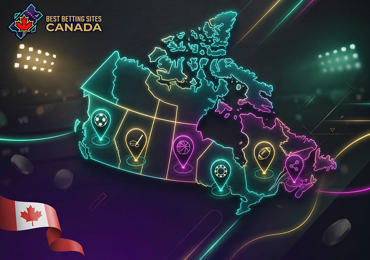 The best sports betting sites by Canadian province, an abstract map with glowing markers.