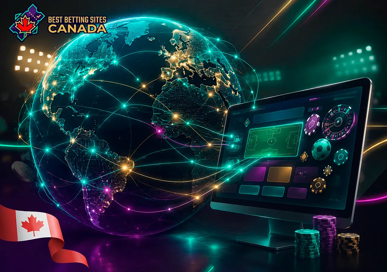 Offshore betting sites accepting Canadians, a digital global network, and a computer screen.